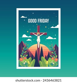 Good Friday Flat Vector Poster Background Illustration with Jesus Christ and Cross 