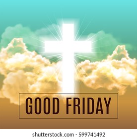 Good friday. He is risen background with clouds, divine sunlight , crucifixion, white cross and sun rise. Vector illustration 