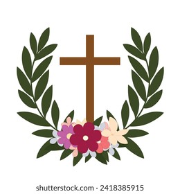 Good Friday and Holy Week religious cross with flowers and green leaves on white background.