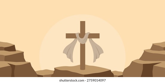 Good Friday illustration background with cross and shroud on rocks