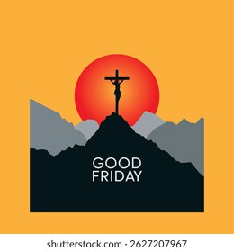 Good Friday Jesus Crucifixion on Mountain with Sunset and Yellow Background.
