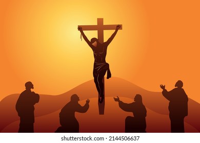 Good Friday. Jesus Dies On The Cross Flat Vector Illustration. Way of the Cross or twelfth station. Mary the Mother of Jesus, John the beloved disciple, and Mary of Magdala at the Crucifixion