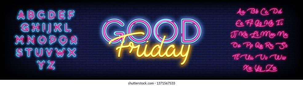good friday neon text vector design template with a Brick Wall Background. Vector Illustration. Editing Text Neon Signs