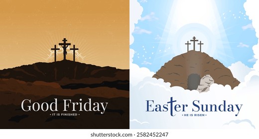 Good Friday poster. It is finished. Jesus on the cross. Happy Easter Sunday Greeting Card Poster. He is Risen. Depiction of the holy week celebration, the empty tomb, and three crosses on Golgotha.