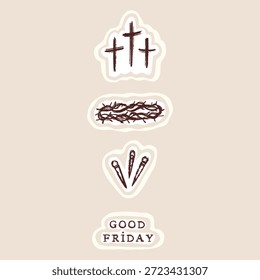 Sexta-feira santa religiosa cristão ícone conjunto com cruzes de calvário, coroa de espinhos, Jesus pregos símbolo conjunto. Ilustração isolada do motivo do vetor desenhada à mão para anúncio da igreja, cartão, mídia social