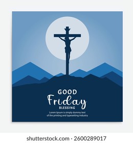 Good Friday Silhouette Jesus on the Cross with Mountains and Moon.