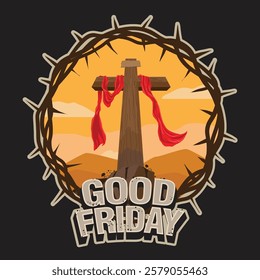 Good Friday. A standing cross, a red cloth hanging from the top of the cross.