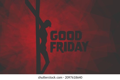 Good Friday stylized text with dark gray silhouetted image of the Crucifixion of Jesus Christ on red geometric background.