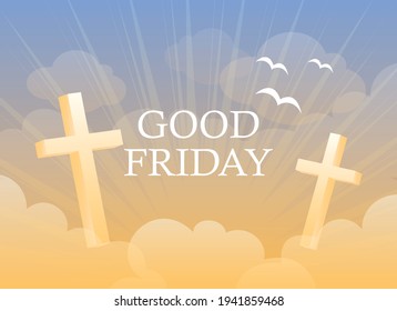 Good Friday sunny heaven background vector. Beautiful sunny blue orange sky background vector. Christian holiday commemorating the crucifixion of Jesus vector illustration. Religious heaven poster