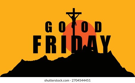 Diseño de silueta de la puesta del sol del buen viernes con una cruz y montañas.  Perfecto para tarjetas religiosas o publicaciones en redes sociales.