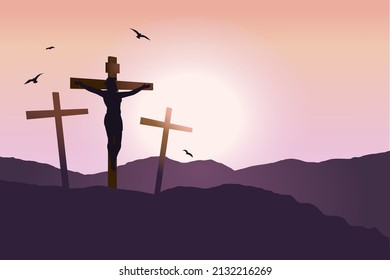 Good friday template. Calvary hill with silhouettes of three crosses. Jesus on the cross biblical vector illustrations. Crucifixion of Jesus Christ. He is risen. Easter biblical story. 