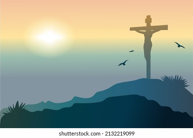 Good friday template. Easter biblical story. Calvary hill with silhouette Jesus Christ on the crosses. Jesus on the cross biblical vector illustrations. Crucifixion of Jesus Christ. He is risen.