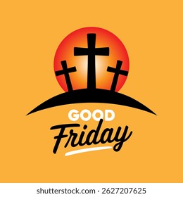 Good Friday Three Crosses Illustration with Sunset on Yellow Background.