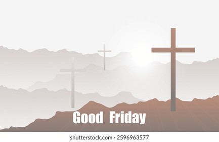 Good friday three crosses in the mountains, vector art illustration.