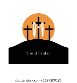 Good Friday Three Crosses with White Cloth and Sunset on Hill.