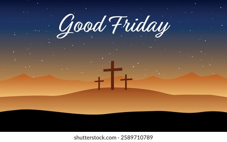 Good Friday vector illustration, with the cross on the Calvary hill at night.