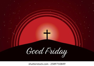 Good Friday vector illustration, with the cross on the Calvary hill at night.