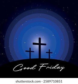 Good Friday vector illustration, with the cross on the Calvary hill at night.