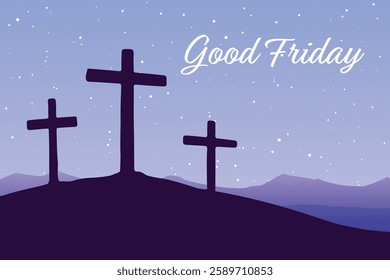 Good Friday vector illustration, with the cross on the Calvary hill at night.