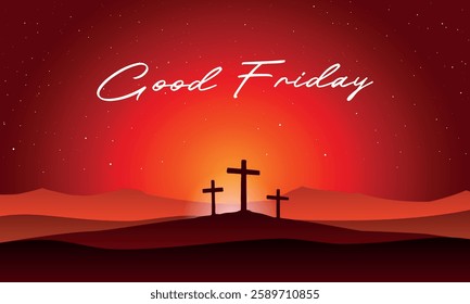 Good Friday vector illustration, with the cross on the Calvary hill at night.