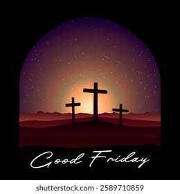 Good Friday vector illustration, with the cross on the Calvary hill at night.