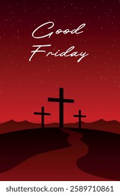 Good Friday vector illustration, with the cross on the Calvary hill at night.