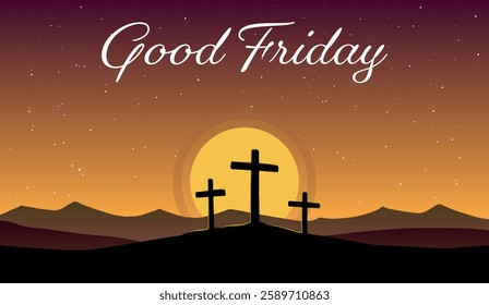 Good Friday vector illustration, with the cross on the Calvary hill at night.