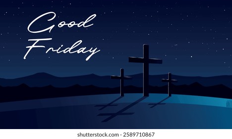 Good Friday vector illustration, with the cross on the Calvary hill at night.