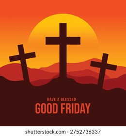 Good Friday vector illustration with cross on hill on sunset background