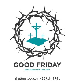 Good Friday Vector illustration on white background. Happy Good Friday and Holy Week banner, poster, flyer design with crown of thorns, text and Christian Cross illustration