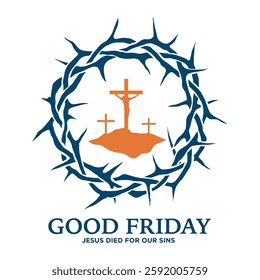 Good Friday Vector illustration on white background. Happy Good Friday and Holy Week card, banner, poster and flyer creative design with crown of thorns, text and Christian Cross illustration