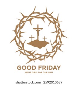 Good Friday Vector illustration on white background. Happy Good Friday and Holy Week poster, banner and flyer creative design with text, crown of thorns and Christian Cross illustration