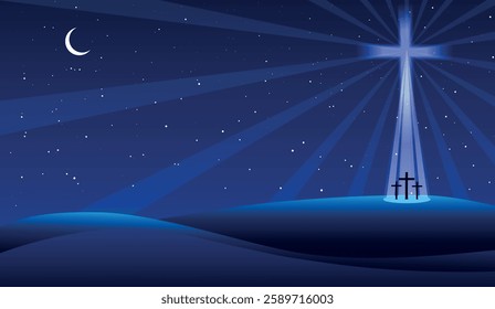 Good Friday vector illustration, with three crosses on the Calvary hill at night.