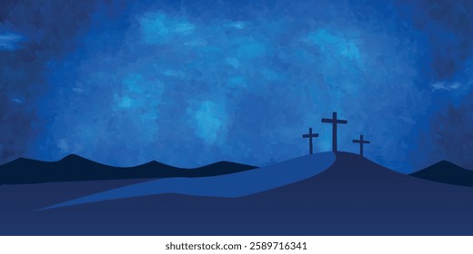 Good Friday vector illustration, with three crosses on the Calvary hill at night.