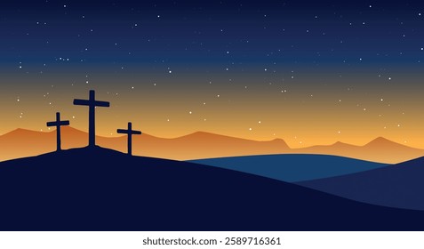 Good Friday vector illustration, with three crosses on the Calvary hill at night.