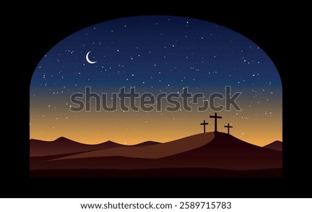 Good Friday vector illustration, with three crosses on the Calvary hill at night.