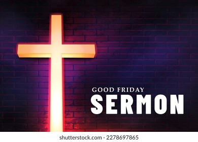 Good Friday web banner with glowing Christian cross in a holy sanctuary.