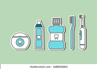 Good friend for tooth have toothbrush, electric toothbrush, toothpaste, floss and mouthwash (good for dental health care and hygiene) - teeth cartoon vector flat style cute character for design