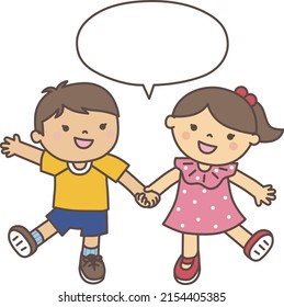 Good friends (boys and girls with balloons) walking happily while holding hands