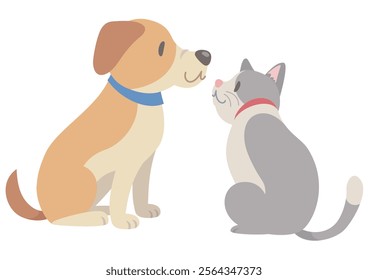 Good friends a dog and a cat looking at each other. Vector illustration in flat cartoon style on white background.