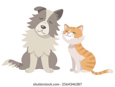 Good friends a dog and a cat sitting side by side. Vector illustration in flat cartoon style on white background.