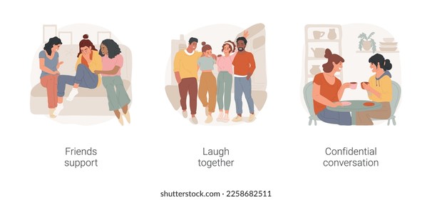 Good friends isolated cartoon vector illustration set. Friends support, giving a hug, support each other, group of people laugh together, confidential conversation, sharing thoughts vector cartoon.