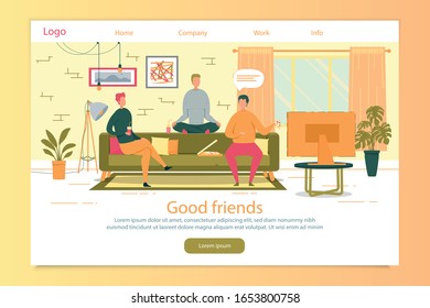 Good Friends Meeting Flat Vector Illustration. Cartoon Male Characters Fastfood Meal. Men Dining Together and Relaxing. Friends Eating Pizzeria Order and Watching TV. Boys Leisure at Home