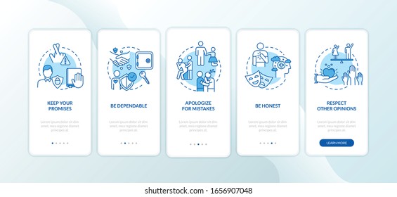 Good friends relationship onboarding mobile app page screen with concepts. Fidelity and forgiveness walkthrough 5 steps graphic instructions. UI vector template with RGB color illustrations