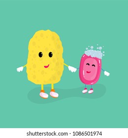 Good friends sponge and pink soap with bubbles
