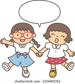 Good friends (with a girl and a balloon) who walk happily while holding hands