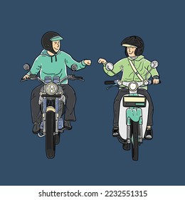 Good Friendship brotherhood on motorcycle gang on blue background modern vector illustration