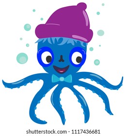 Good and funny octopus in a hat. Children's vector illustration.