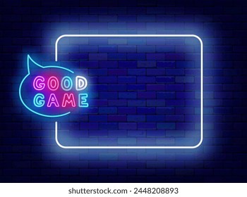 Good game neon flyer. Kids room. Winning concept. Empty white frame and typography with speech bubble. Children playground. Glowing poster. Editable stroke. Vector stock illustration