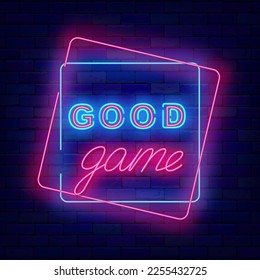 Good game neon label. Winner sign on brick wall. VR games banner. Virtual reality label. Game design badge. Glowing emblem. Shiny advertising. Vector stock illustration